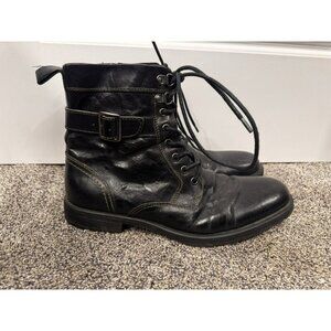 Ashton Grey Black Leather Lace Up Buckle Boots Size 10
